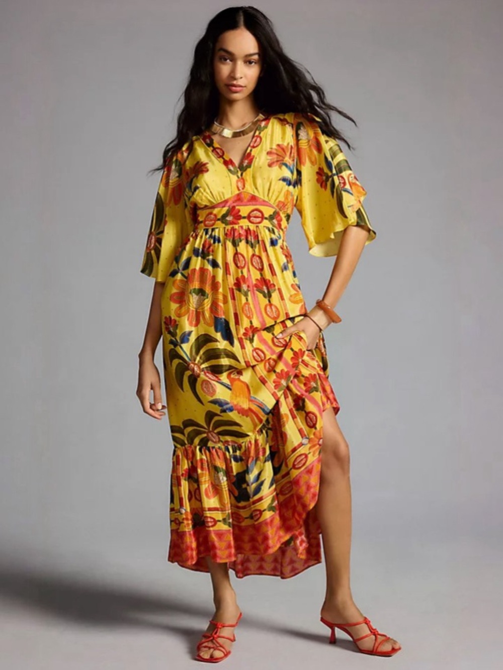 Anthropologie Farm Rio Yellow Floral Maxi Dress V Neck Ruffle Hem Size Small NWT